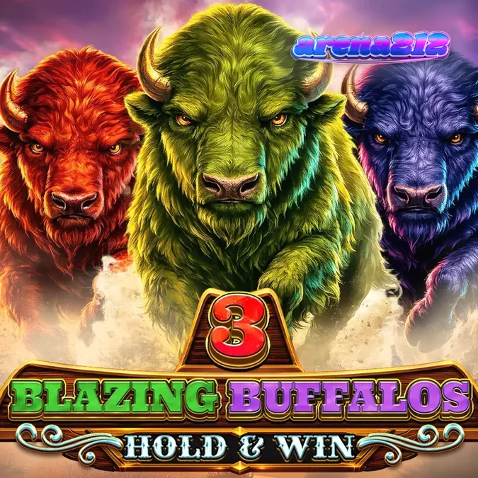 Tampilan visual slot 3 Blazing Buffalos: Hold & Win dengan latar belakang ngarai neon